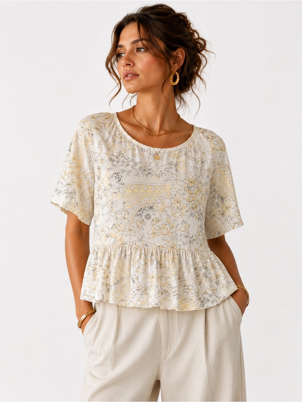 Wilfred Aritzia Cottagecore Floral Peplum Blouse Medium Yellow